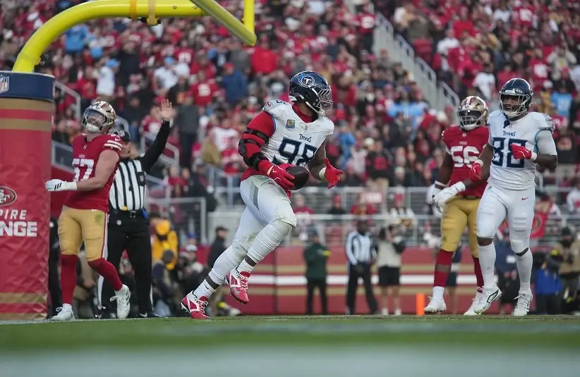 Tennessee Titans defensive tackle Jeffery Simmons (98) celebrates scoring a touchdown during the fourth quarter against the San Francisco 49ers at Levi's Stadium.