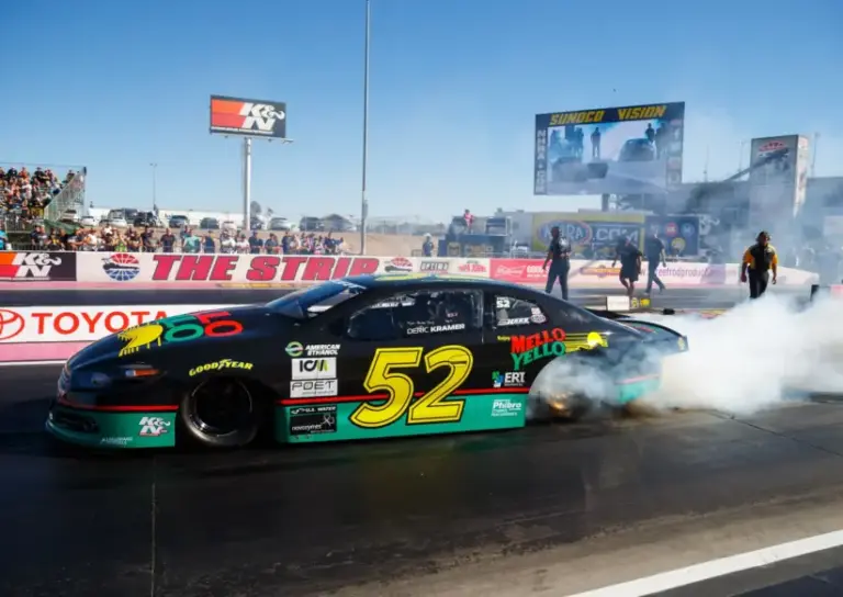 Oct 27, 2017; Las Vegas, NV, USA; NHRA pro stock driver Deric Kramer does a burnout in his Days of Thunder themed car driven by character Cole Trickle during qualifying for the Toyota National at The Strip at Las Vegas Motor Speedway. Mandatory Credit: Mark J. Rebilas-Imagn Images