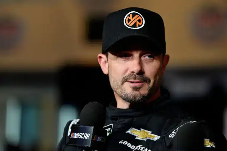Feb 13, 2019; Daytona Beach, FL, USA; NASCAR Cup Series driver Casey Mears speaks during the media day for the Daytona 500 at Daytona International Speedway. Mandatory Credit: Jasen Vinlove-Imagn Images