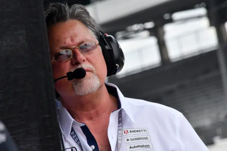 Michael Andretti looks out from his pit box Monday, May 20, 2024, during practice for the 108th running of the Indianapolis 500 at Indianapolis Motor Speedway.