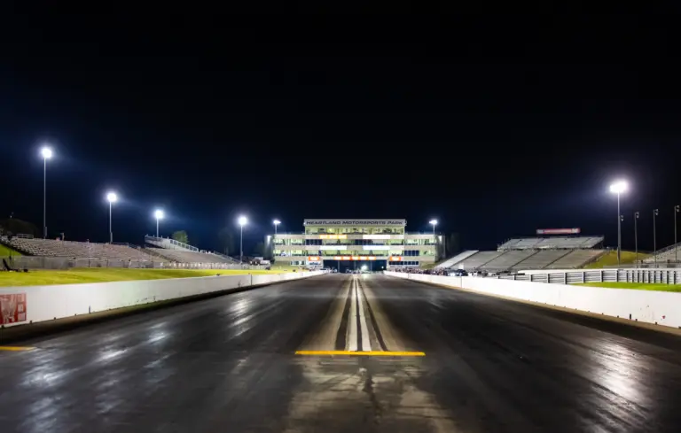 Aug 13, 2023; Topeka, KS, USA; Overall view of the track at Heartland Motorsports Park following the NHRA Menards Nationals. Mandatory Credit: Mark J. Rebilas-Imagn Images