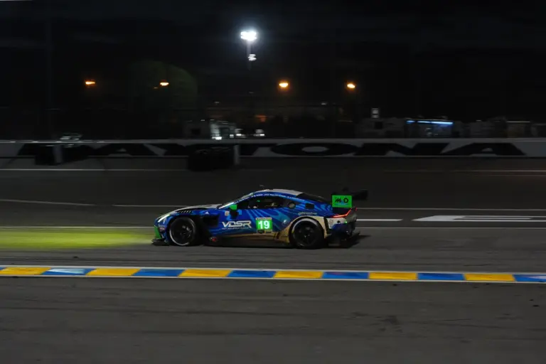 Jan 26, 2025; Daytona Beach, FL, USA; van der Steur Racing Aston Martin Vantage GT3 EVO of Maxime Robin, Rory van der Steur, Valentin, Hasse-CLot, and Anthony McIntosh (19) races during the Rolex 24 at Daytona International Speedway. Mandatory Credit: Jasen Vinlove-Imagn Images