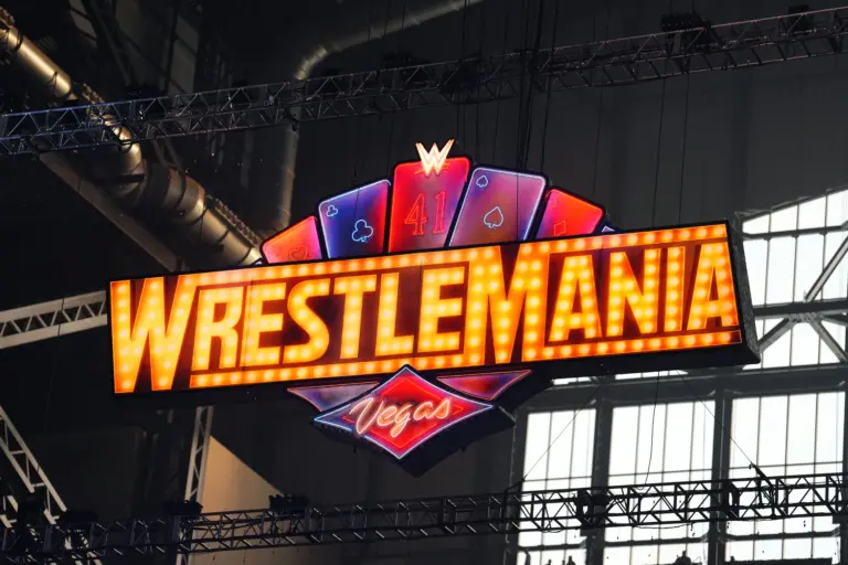 Feb 1, 2025; Indianapolis, IN, USA; WrestleMania signage on display the WWE Royal Rumble at Lucas Oil Stadium. Mandatory Credit: Joe Camporeale-Imagn Images