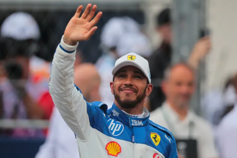 May 3, 2025; Miami Gardens, FL, USA; Ferrari driver Lewis Hamilton (44) reacts after finishing third during the F1 Miami Grand Prix Sprint Race at Miami International Autodrome. Mandatory Credit: Sam Navarro-Imagn Images
