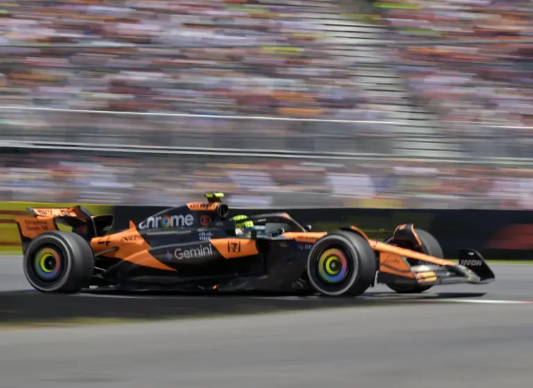 McLaren; Jun 15, 2025; Montreal, Quebec, Canada; McLaren driver Lando Norris (4) races during the F1 Montreal Grand Prix at Circuit Gilles-Villeneuve. Mandatory Credit: Eric Bolte-Imagn Images