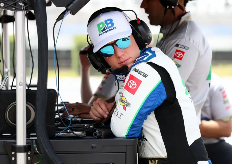 Jun 21, 2025; Long Pond, Pennsylvania, USA; NASCAR Cup Series driver John Hunter Nemechek looks on during practice and qualifying for The Great American Getaway 400 at Pocono Raceway. Mandatory Credit: Matthew O'Haren-Imagn Images