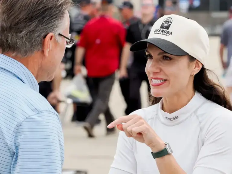 NASCAR Xfinity Series driver Katherine Legge (32) talks Saturday, July 26, 2025, ahead of qualifying for the Pennzoil 250 at Indianapolis Motor Speedway.