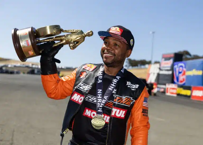 Jul 27, 2025; Sonoma, CA, USA; NHRA pro stock motorcycle rider Richard Gadson celebrates after winning the Sonoma Nationals at Sonoma Raceway. Mandatory Credit: Mark J. Rebilas-Imagn Images