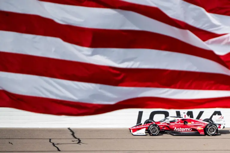 Joseph Newgarden (2) goes down the backstretch during the NTT IndyCar Series Synk 275 on July 12, 2025, at Iowa Speedway in Newton, Iowa. Pato O'Ward (5) finished first.