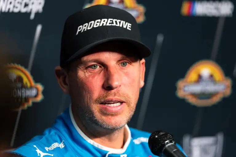 Oct 30, 2025; Avondale, Arizona, USA; NASCAR Cup Series driver Denny Hamlin during Championship Four media day at Phoenix Raceway. Mandatory Credit: Mark J. Rebilas-Imagn Images