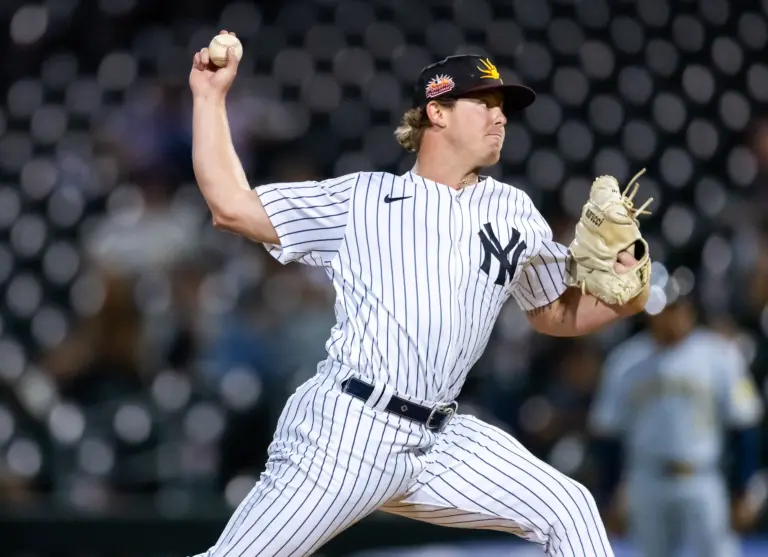 Nov 9, 2025; Mesa, AZ, USA; New York Yankees pitcher Cade Smith during the Arizona Fall League Fall Stars Game at Sloan Park. Mandatory Credit: Mark J. Rebilas-Imagn Images