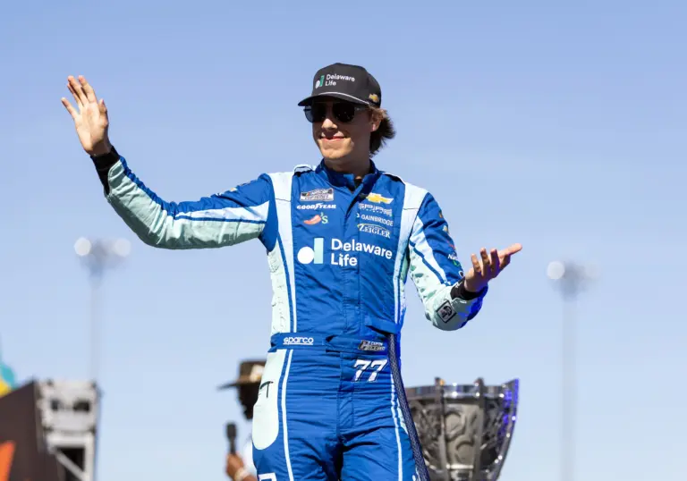 Nov 2, 2025; Avondale, Arizona, USA; NASCAR Cup Series driver Carson Hocevar (77) during the NASCAR Championship race at Phoenix Raceway. Mandatory Credit: Mark J. Rebilas-Imagn Images