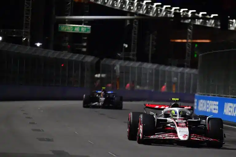 RB22; Nov 21, 2025; Las Vegas, NV, USA; Haas F1 Team driver Oliver Bearman (87) during practice for the Las Vegas Grand Prix at Las Vegas Strip Circuit.