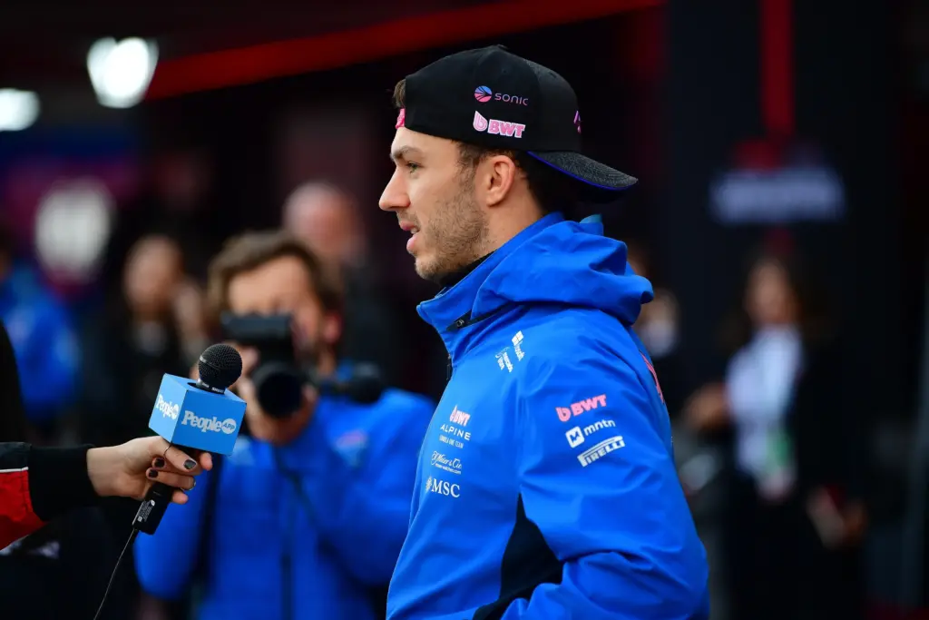 Nov 21, 2025; Las Vegas, NV, USA; Alpine driver Pierre Gasly (10) is interviewed during arrivals the Las Vegas Grand Prix at Las Vegas Strip Circuit. Mandatory Credit: Gary A. Vasquez-Imagn Images