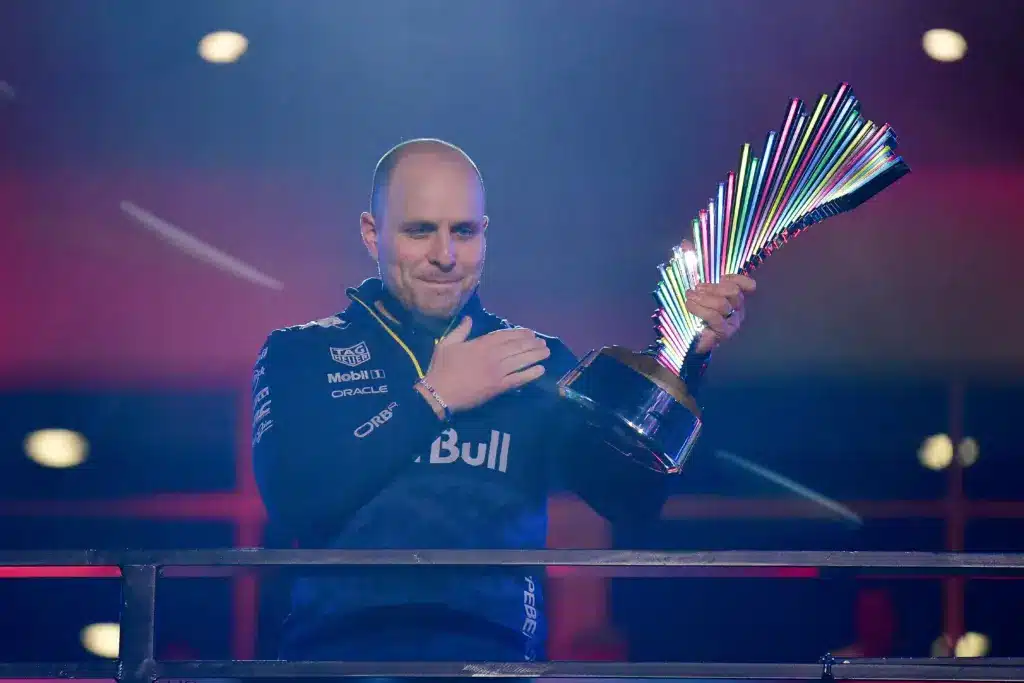 Nov 21, 2025; Las Vegas, NV, USA; Red Bull Racing engineer Gianpiero Lambiase celebrates the team victory of the Las Vegas Grand Prix at Las Vegas Strip Circuit. Mandatory Credit: Gary A. Vasquez-Imagn Images