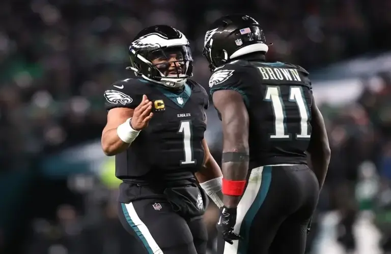 Jalen Hurts and AJ Brown Celebrating a Touchdown vs Bears