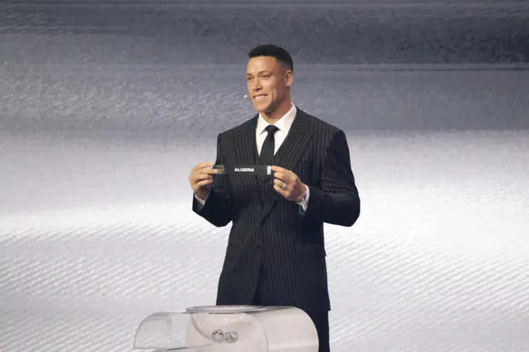 Dec 5, 2025; Washington, District of Columbia, USA; Aaron Judge draws the card of Algeria for Group J during the FIFA World Cup 2026 Final Draw at John F. Kennedy Center for the Performing Arts. Mandatory Credit: Amber Searls-Imagn Images