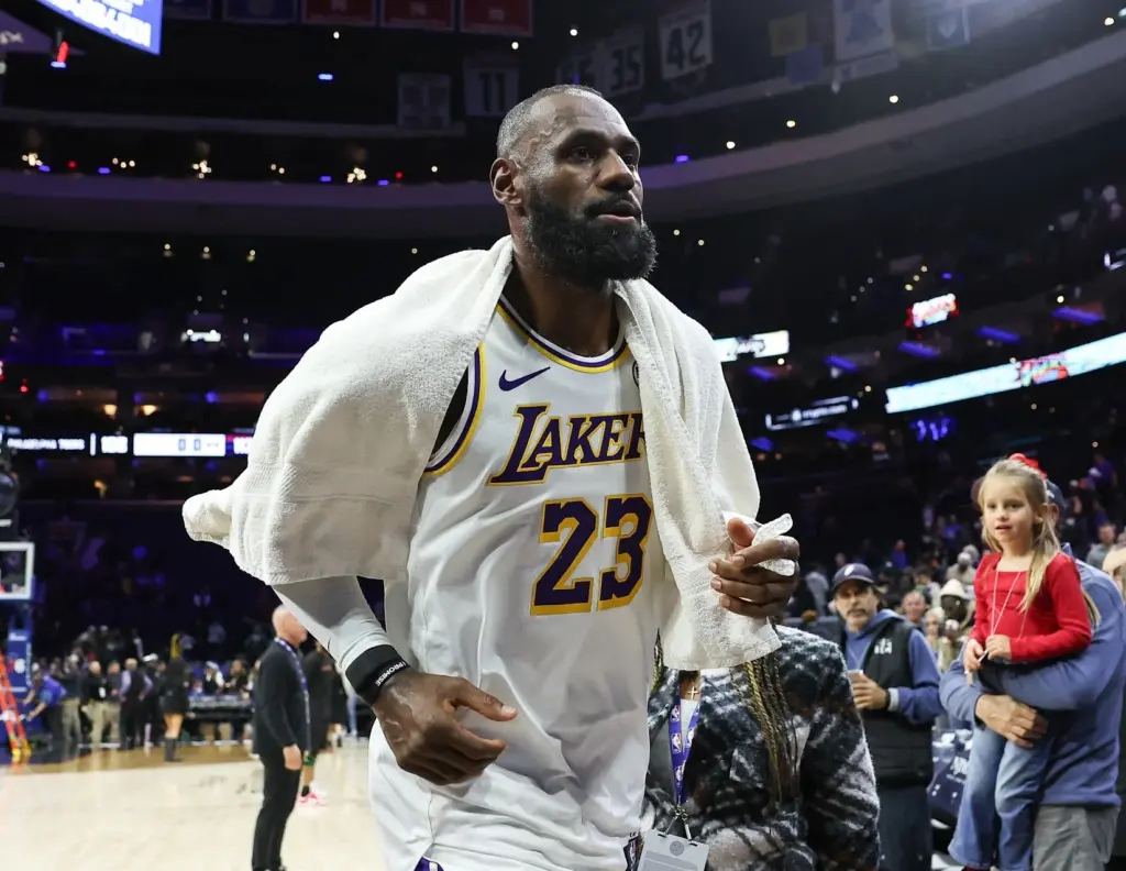 LeBron James offense creator role: James in a Lakers uniform at Philadelphia in December 2025