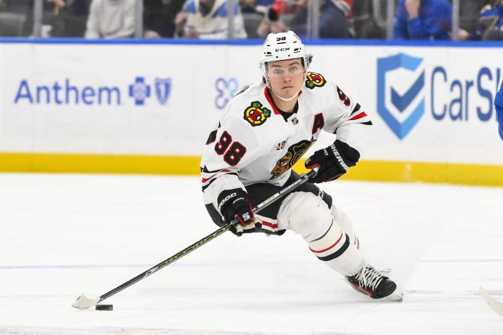 Blackhawks vs. Sabres: Chicago center Connor Bedard controls the puck against the Blues in December 2025