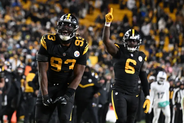 Dec 15, 2025; Pittsburgh, Pennsylvania, USA; Pittsburgh Steelers defensive end Esezi Otomewo (93) celebrates after a defensive stop in the fourth quarter against the Miami Dolphins at Acrisure Stadium.