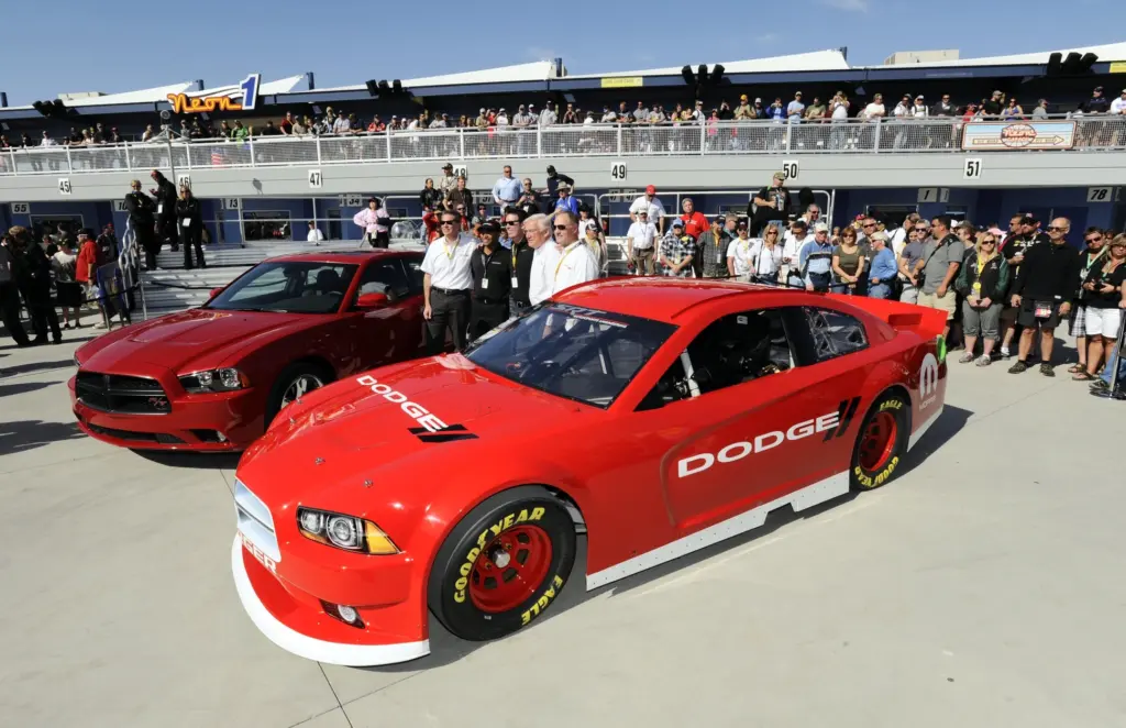 Mar 11, 2012; Las Vegas, NV, USA; The new Dodge Charger race car is unveiled at a press conference in the garage area before the Kobalt Tools 400 at Las Vegas Motor Speedway.