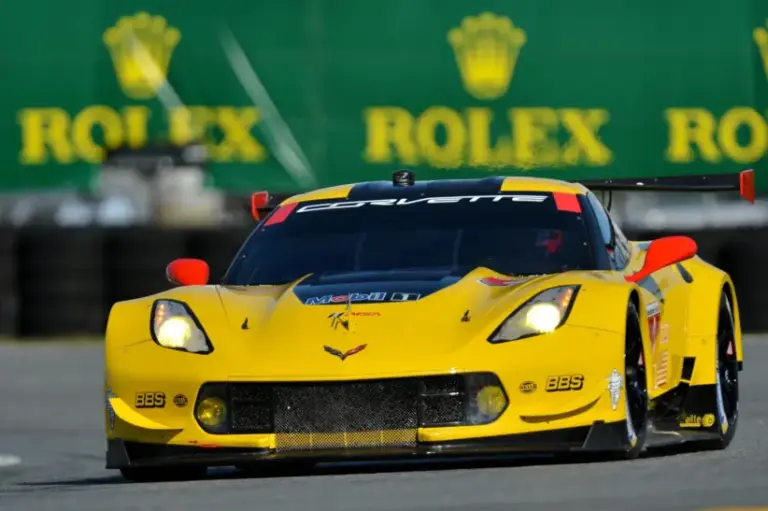 Gerard Lopez; Jan 29, 2016; Daytona Beach, FL, USA; The Corvette Racing Corvette C7.R driven by Oliver Gavin , Tommy Milner and Marcel Fassler (4) during the practice for the Rolex 24 at Daytona International Speedway. Mandatory Credit: Jasen Vinlove-Imagn Images