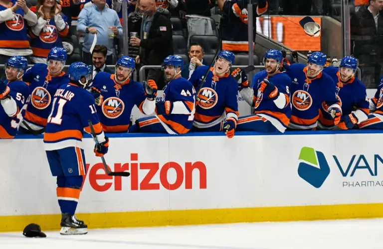 Jan 6, 2026; Elmont, New York, USA; New York Islanders left wing Anthony Duclair (11) celebrates his third goal of the game, one of the many facts in the game, against the New Jersey Devils during the second period at UBS Arena. Mandatory Credit: Dennis Schneidler-Imagn Images