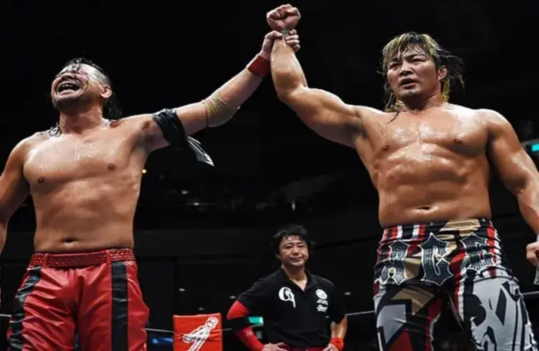 Hiroshi Tanahashi and Shinsuke Nakamura Raise Hands After Match NJPW