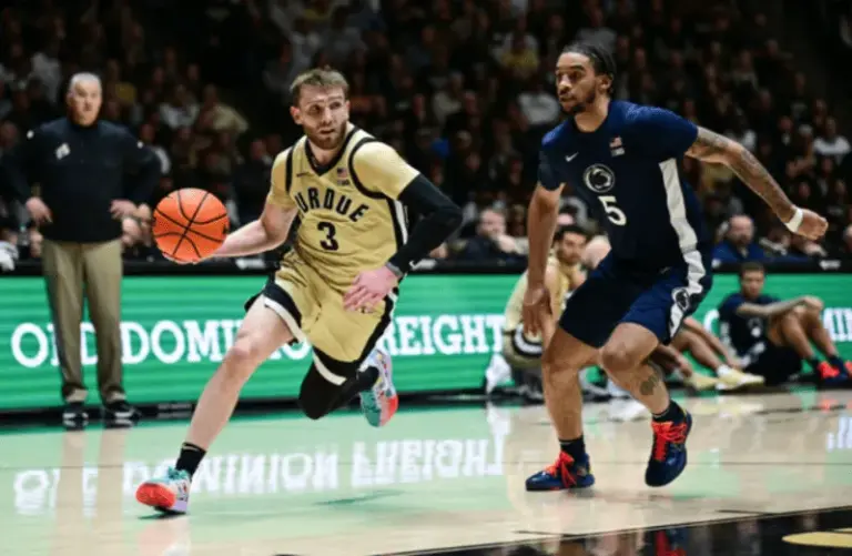 Purdue point guard Braden Smiths drives the ball to the basket.