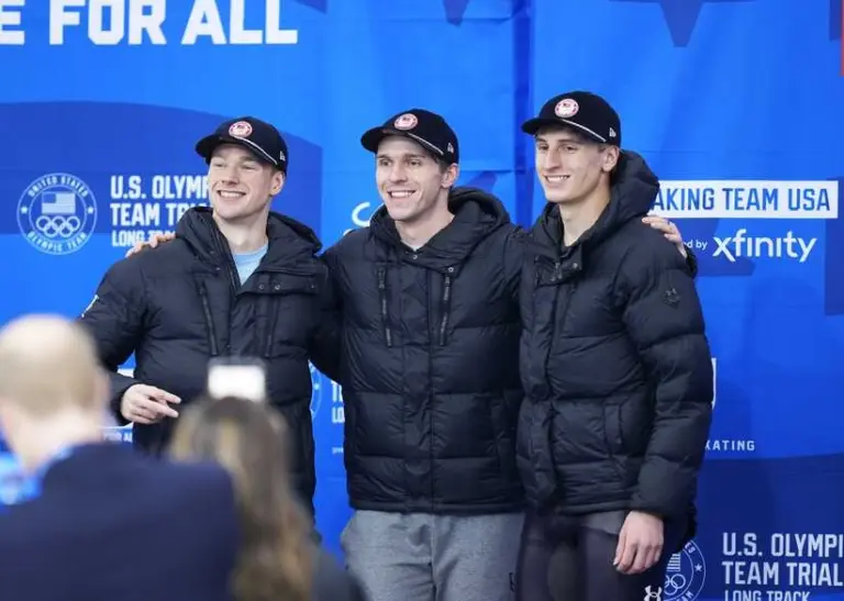 From left, Cooper McLeod and Conor McDermott-Mostowy join Jordan Stolz in qualifying for the 2026 Olympic team in the 1,000 meters during the U.S. Olympic long track speed skating Olympic team trials on Saturday January 3, 2026 at the Pettit National Ice Center in Milwaukee, Wisconsin.