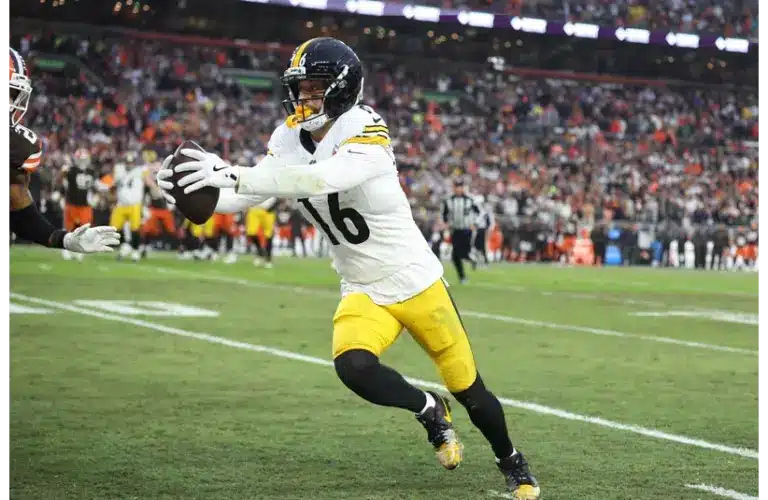Pittsburgh Steelers wide receiver Adam Thielen (16) runs with the ball after a catch in the fourth quarter against the Cleveland Browns at Huntington Bank Field.