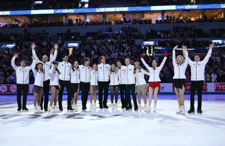 Members of the US Olympic Team react during the 2026 U.S. Figure Skating Championships at Enterprise Center. They look to win Gold later this month.