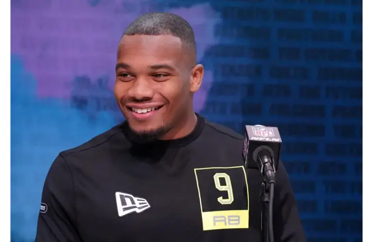 JK Dobbins during the NFL Scouting Combine at the Indiana Convention Center.