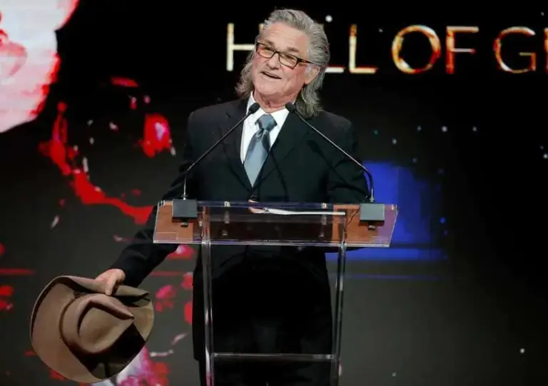 Kurt Russell speaks before accepting the 2022 Hall of Great Western Performers during the Western Heritage Awards at the National Cowboy & Western Heritage Museum in Oklahoma City, Saturday, April, 9, 2022. His father Mr. Neil Oliver \"Bing\" Russell was also a honoree. Western Heritage Awards