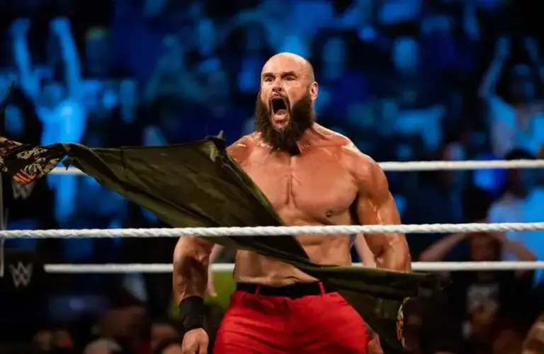 WWE star Braun Strowman tears off his shirt as he roars on during his entrance on \"WWE Friday Night SmackDown