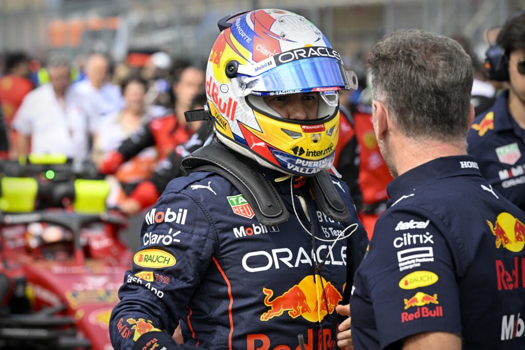 Caption: Oct 23, 2022; Austin, Texas, USA; Red Bull Racing Limited driver Sergio Perez (11) of Team Mexico before the start of the U.S. Grand Prix F1 race at Circuit of the Americas.