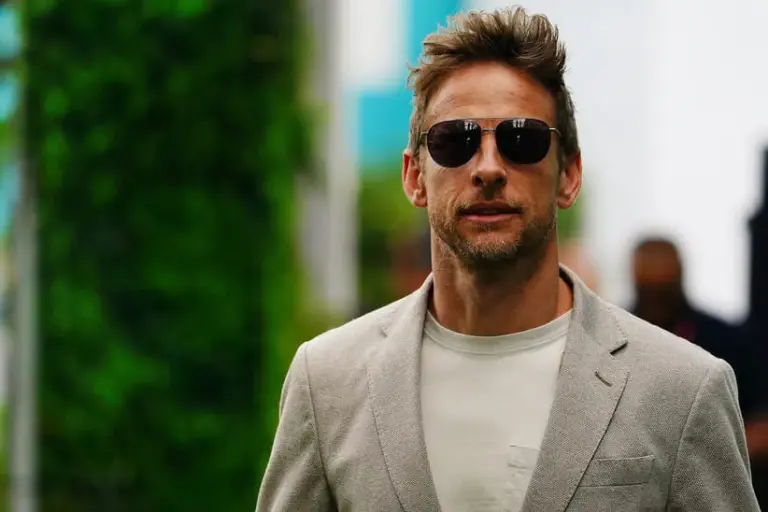 May 7, 2023; Miami Gardens, Florida, USA; Former racing driver Jenson Button arrives for the Miami Grand Prix at Miami International Autodrome.
