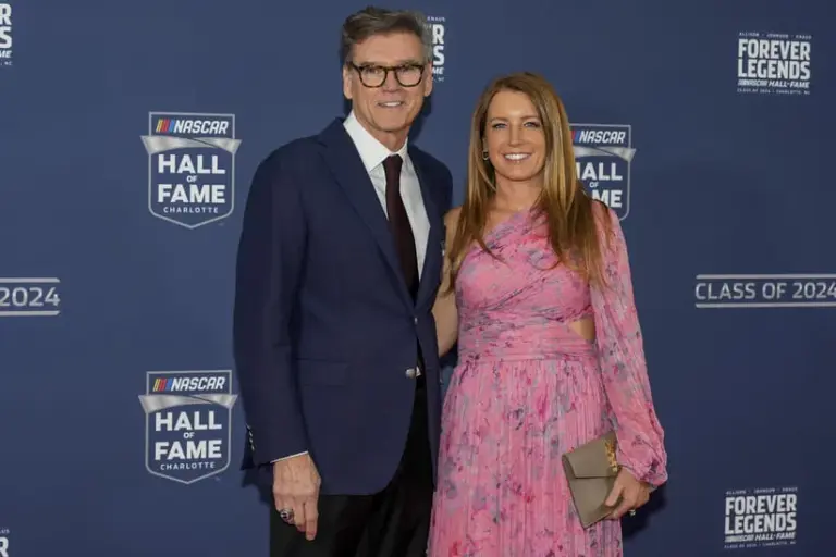 Jan 19, 2024; Charlotte, NC, USA; Crew Chief Ray Evernham and wife Erin during the red carpet at Charlotte Convention Center Crown Ballroom.