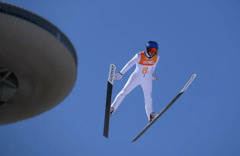 David Liegl (AUT) competing in the Nordic Combined Mixed Team Normal Hill/4x3.3km, Ski Jumping Competition Round at the Alpensia Ski Jumping Centre. The Winter Youth Olympic Games, Gangwon, South Korea, Wednesday 31 January 2024.