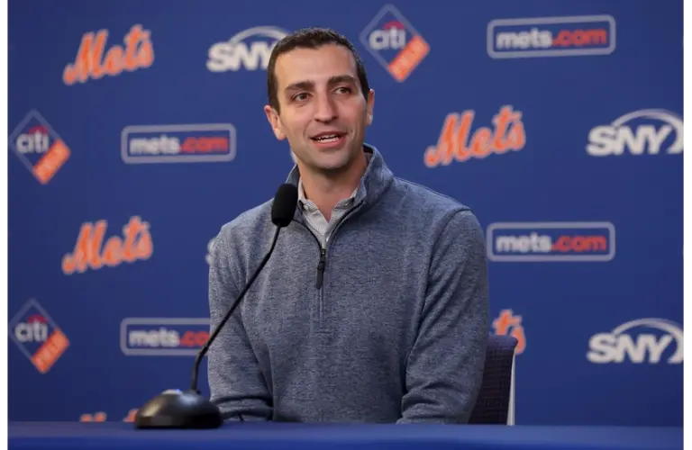 Mets president of baseball operations David Stearns speaks to the media about the MLB trade deadline before a game against the Twins.
