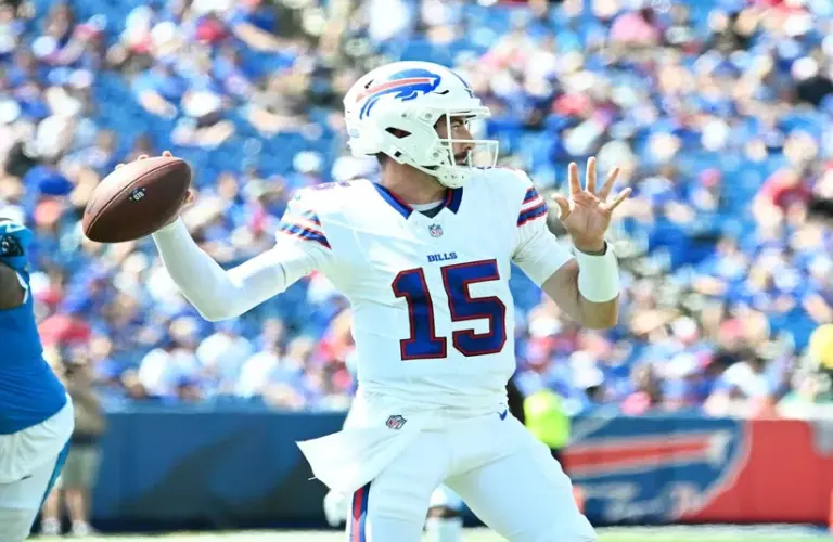 Buffalo Bills quarterback Ben DiNucci (15) throws a pass in the second quarter pre-season game against the Carolina Panthers at Highmark Stadium