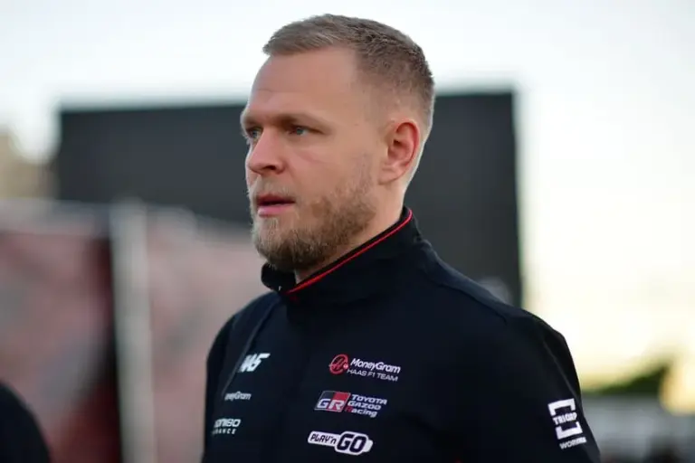 Nov 21, 2024; Las Vegas, Nevada, USA; Haas F1 driver Kevin Magnussen (20) arrives before practice for the Las Vegas Grand Prix at Las Vegas Circuit.