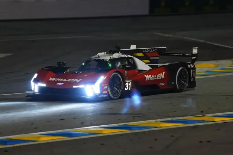 Jan 26, 2025; Daytona Beach, FL, USA; Whelen Cadillac Racing Cadillac V-Series.R of Jack Aitken, Earl Bamber, Frederik Vesti, and Felipe Drugovich (31) races during the Rolex 24 at Daytona International Speedway.