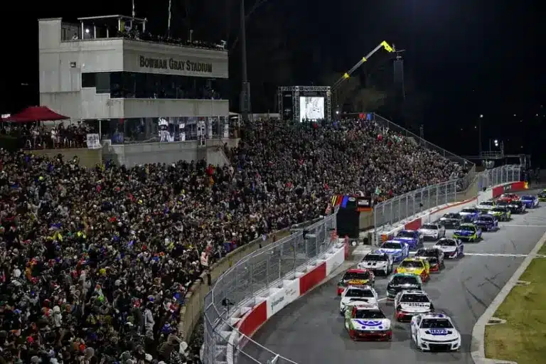 Feb 2, 2025; WInston-Salem, North Carolina, USA; NASCAR Cup Series driver Chase Elliot (9) leads the start of the Clash at Bowman Gray at Bowman Gray Stadium.