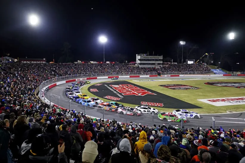 WInston-Salem, North Carolina, USA; NASCAR Cup Series driver Chase Elliot (9) and NASCAR Cup Series driver Chris Buescher (17) lead the field during the Clash at Bowman Gray at Bowman Gray Stadium.