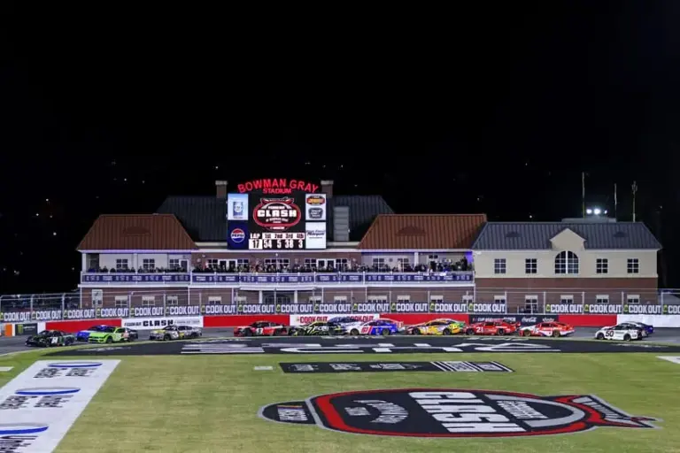Feb 2, 2025; WInston-Salem, North Carolina, USA; NASCAR Cup Series driver Ty Gibbs (54) leads the field through turns three and four during the last change qualifying race for the Clash at Bowman Gray at Bowman Gray Stadium.