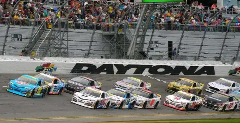 Racers run through the trioval, Saturday February 15, 2025 during the Ride the Dente 200 at Daytona International Speedway.