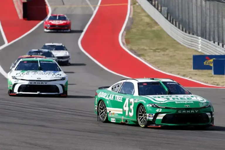 Mar 2, 2025; Austin, Texas, USA; NASCAR Cup Series driver Erik Jones (43) is trailed by NASCAR Cup Series driver John Hunter Nemechek (42) during the EchoPark Automotive Grand Prix at Circuit of the Americas.