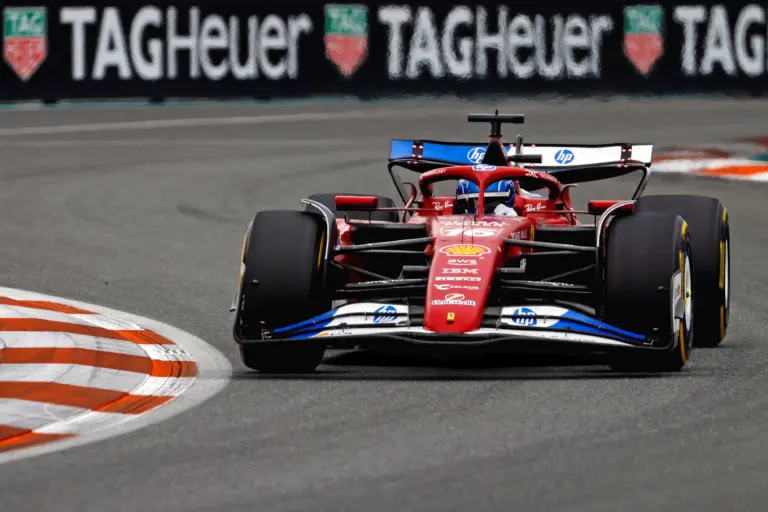 May 4, 2025; Miami Gardens, FL, USA; Ferrari driver Charles Leclerc (16) during the F1 Miami Grand Prix at Miami International Autodrome. Mandatory Credit: Peter Casey-Imagn Images