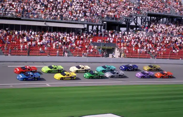 Feb 12, 1998; Daytona Beach, Florida, USA; International Race off Champions (IROC) drivers Dale Jarrett (1), Bobby Labonte (2), Adrian Fernandez (3), Dale Earnhardt Jr (4), Eddie Cheever Jr (5), Dale Earnhardt Sr (6), Kenny Brack (7), Rusty Wallace (8), Jeff Burton (9), Greg Moore (10), Jeff Gordon (11) and Mark Martin (12) take the green flag to start the opening race of the season at Daytona International Speedway.